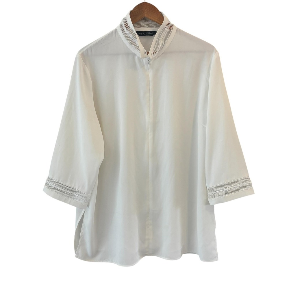 Ming Wang Sheer Zip Front Tunic Top Womens Size L White Crochet Lace Trim